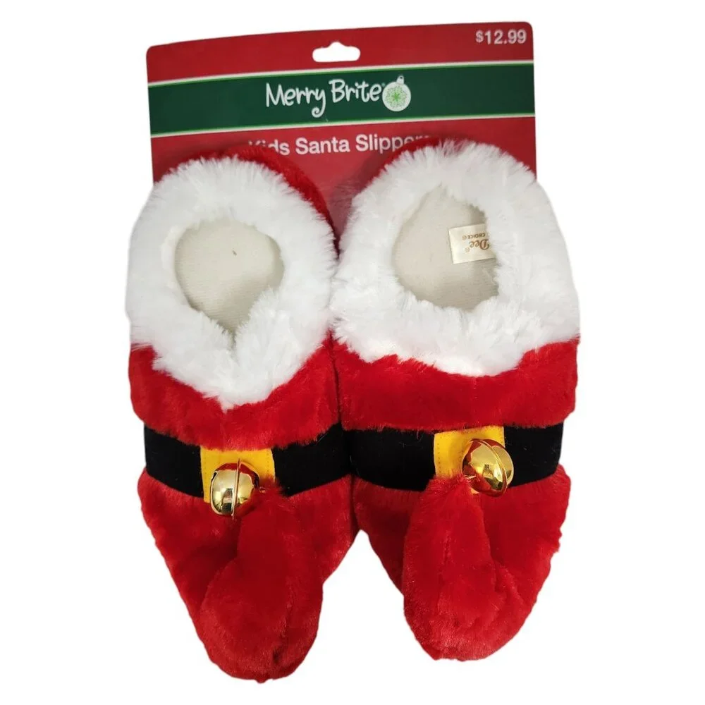 DanDee Kid's Santa Slippers Red Fuzzy Plush Size Medium (13-1) NEW